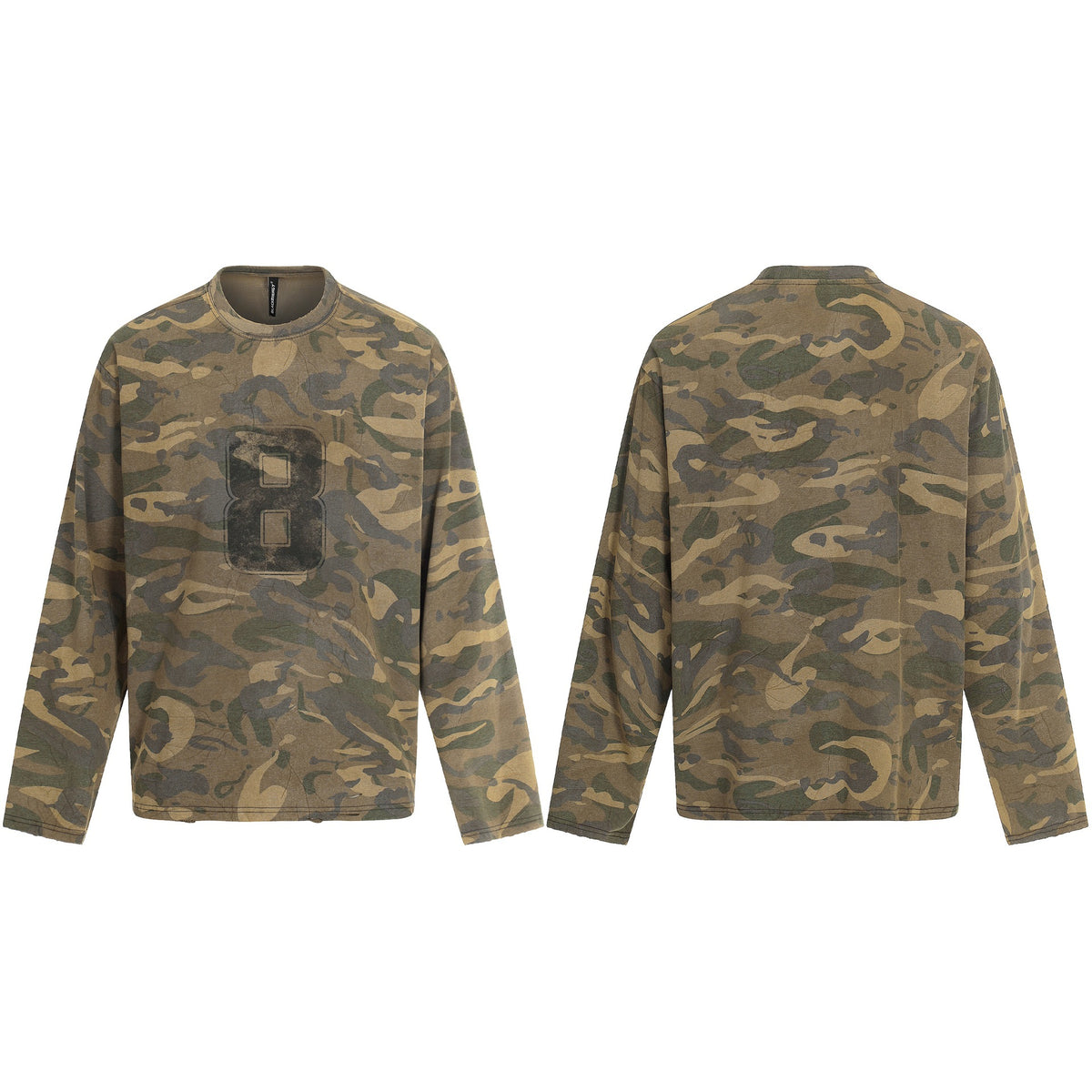 Men's camouflage long-sleeve shirt in used look with round neck and vintage print EVA-US