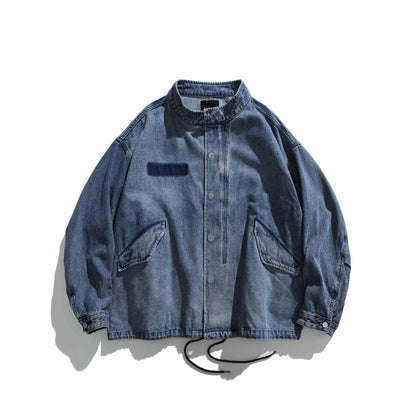 Unisex Short Cut Denim Utility Blouson with Stand Collar and Drawstring EVA-US