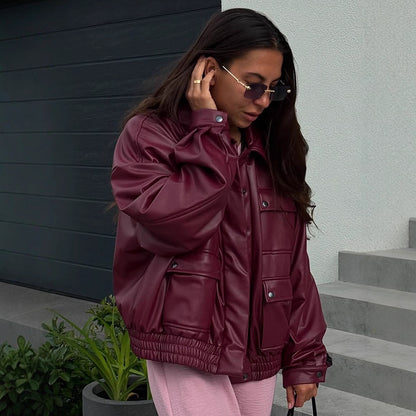 Women Oversize Faux Leather Jacket with Snap Pockets and Elastic Hem EVA-US