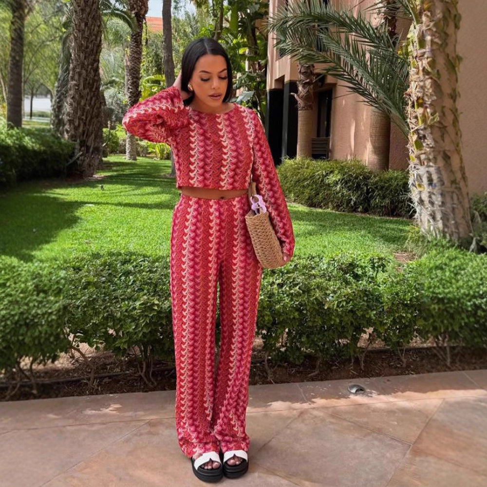 Women Crocheted Two-Piece Lounge Set with Short Sweater and High-Waisted Palazzo Pants EVA-US