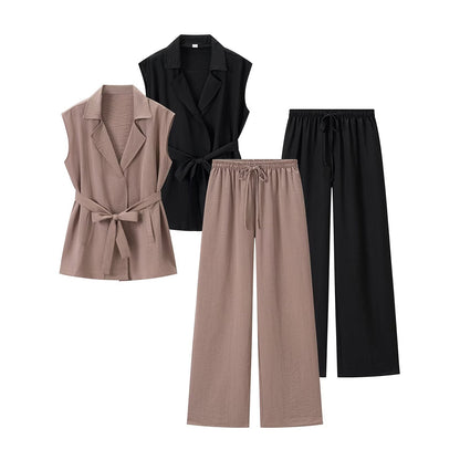 Women Two-Piece Lightweight Lounge Set with Sleeveless Vest and Wide Palazzo Pants EVA-US