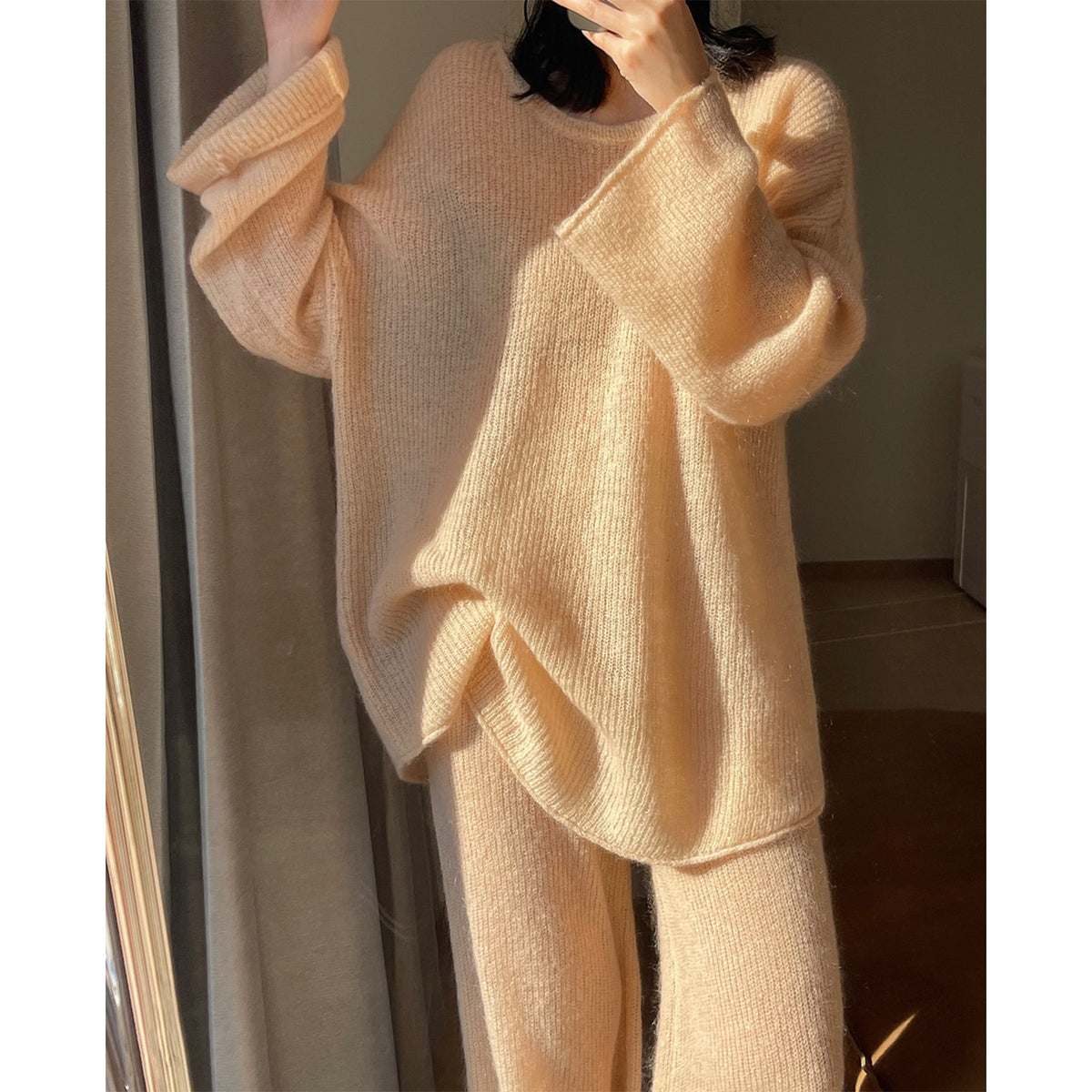 Women Mohair-Optic Lounge Set with Oversized Round Neck Sweater and Straight Knit Pants EVA-US