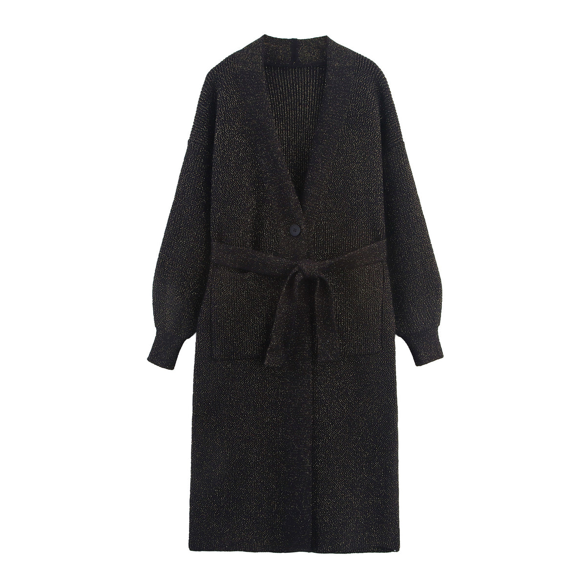 Women's Long Cardigan with Tie Belt, Patch Pockets and Deep V-Neck EVA-US