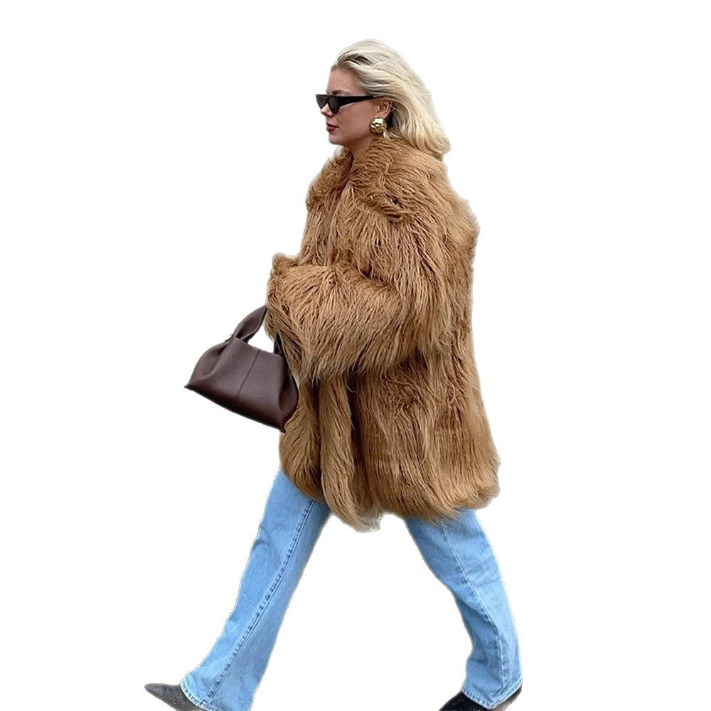 Women's Oversize Shaggy Faux Fur Coat with Long Pile Texture and Concealed Button Placket EVA-US