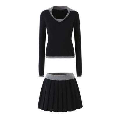 Women’s Two-Piece Fine Knit Set with V-Neck, Contrasting Collar and Pleated Mini Skirt EVA-US