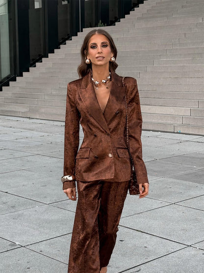 Women's Double-Breasted Velvet Blazer and Cropped Pants Co-Ord Set EVA-US