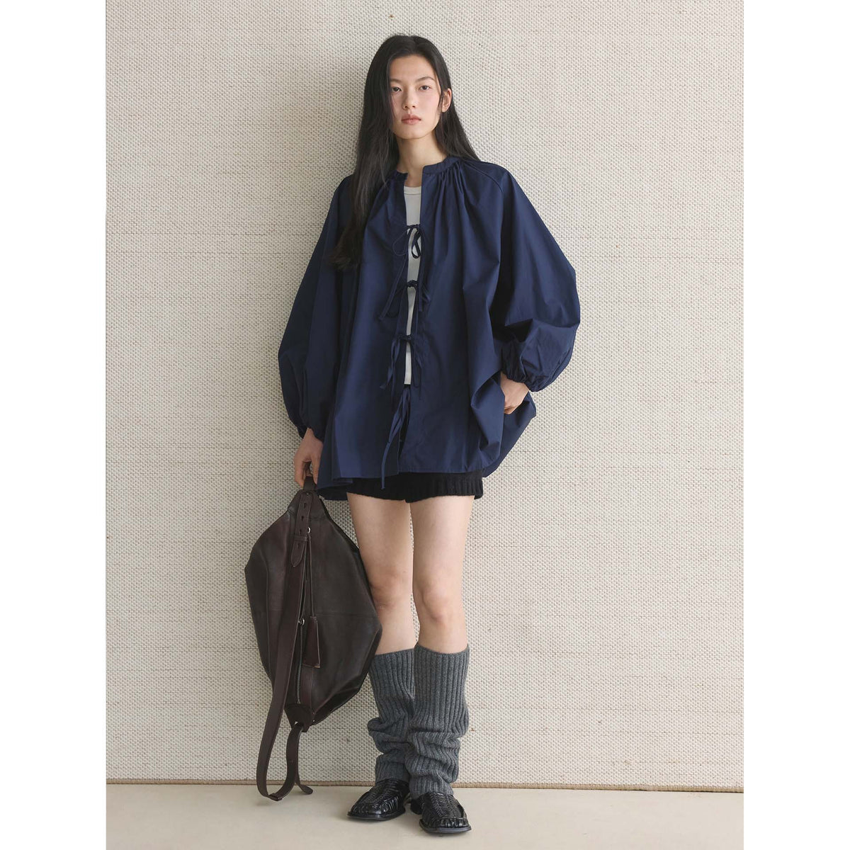 Women's Wide Cape Blouse Top with Ties and Gatherings EVA-US