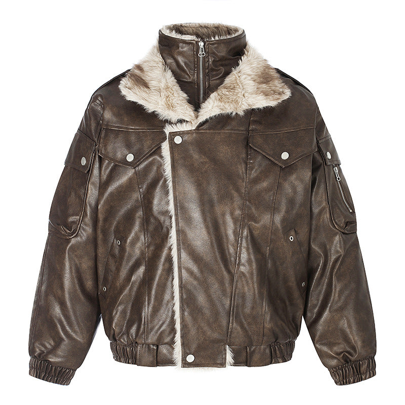 Ladies Oversized Faux Leather Flight Jacket with Teddy Lining and Stand-up Collar EVA-US