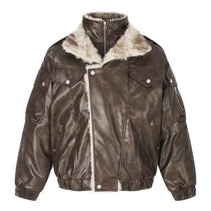 Ladies Oversized Faux Leather Flight Jacket with Teddy Lining and Stand-up Collar EVA-US