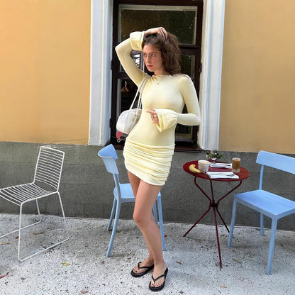Women Figure-hugging Ruched Minidress with Long Trumpet Sleeves EVA-US