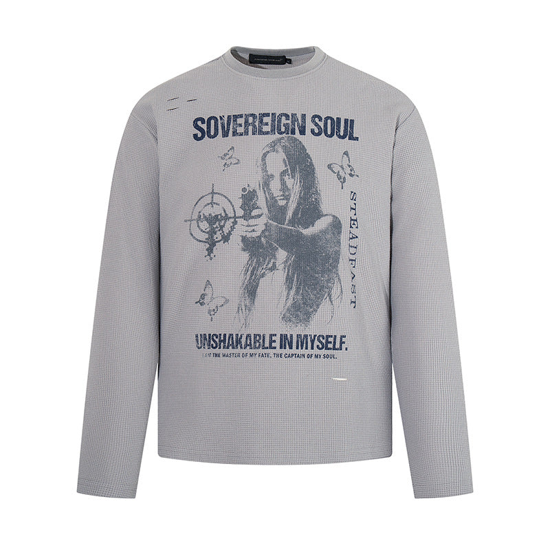 Men's long sleeve shirt in waffle knit with vintage graphic and relaxed fit EVA-US
