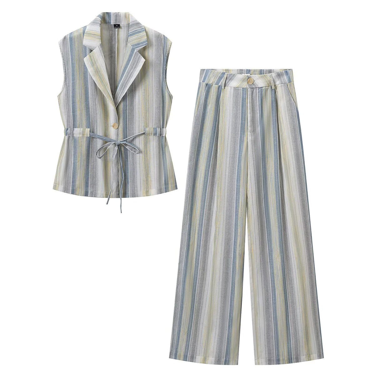 Women's Two-Piece Linen Look Set with Sleeveless Blazer Vest, Waistband and Wide Pleated Trousers EVA-US
