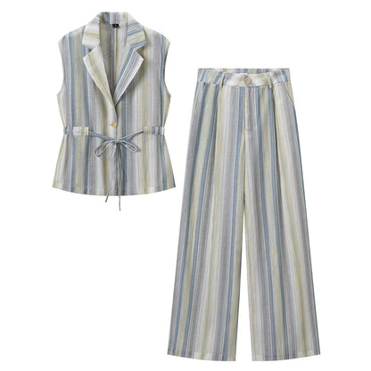 Women's Two-Piece Linen Look Set with Sleeveless Blazer Vest, Waistband and Wide Pleated Trousers EVA-US