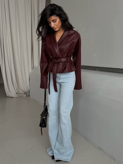 Women's Tailored Faux Leather Jacket with Peplum, Tie Belt & Shawl Collar EVA-US