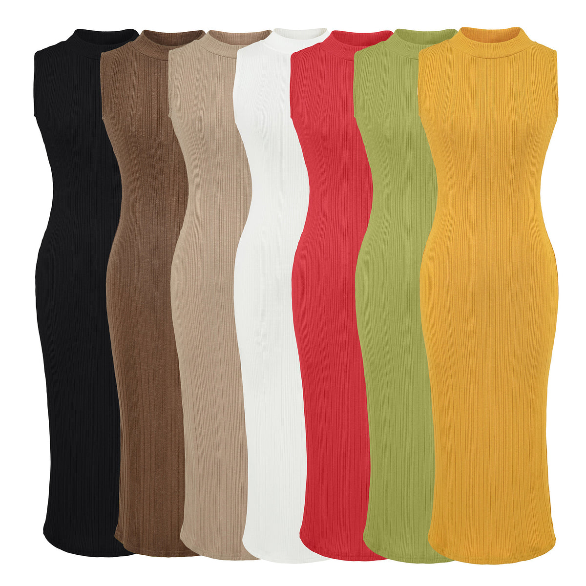 Women’s midi dress in rib knit, sleeveless slim-fit with stand-up collar EVA-US