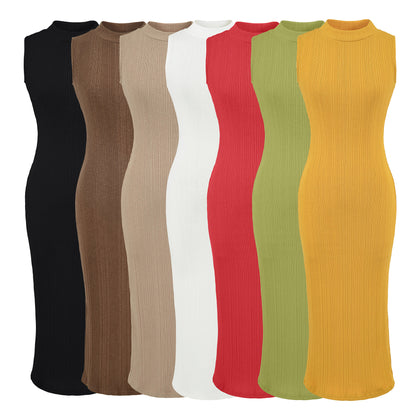 Women’s midi dress in rib knit, sleeveless slim-fit with stand-up collar EVA-US
