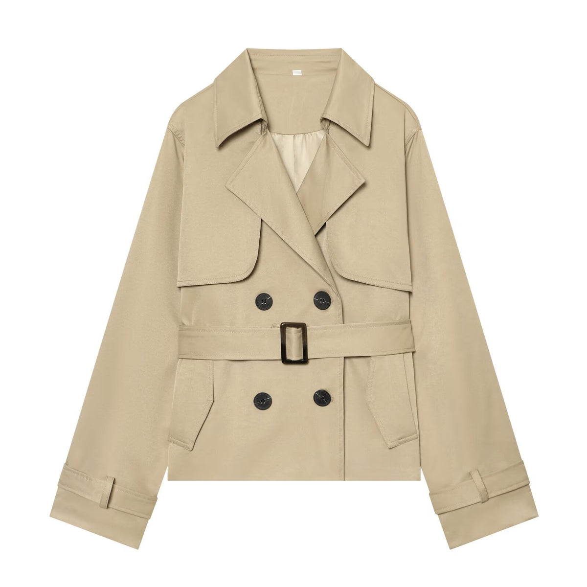Women's Short Cropped Trench Coat with Double-Breasted Button Placket, Waist Belt, and Epaulettes EVA-US