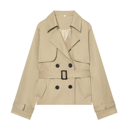 Women's Short Cropped Trench Coat with Double-Breasted Button Placket, Waist Belt, and Epaulettes EVA-US