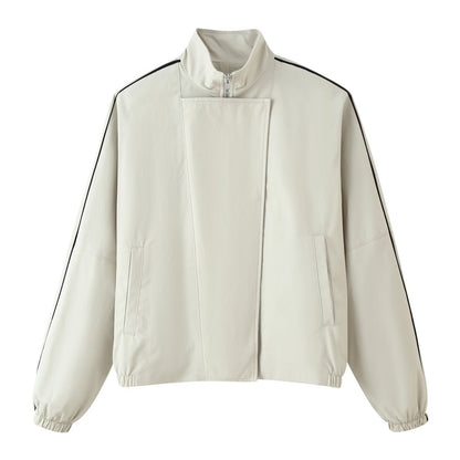 Ladies sporty-minimalist transitional jacket with high funnel collar, concealed placket and contrast piping EVA-US