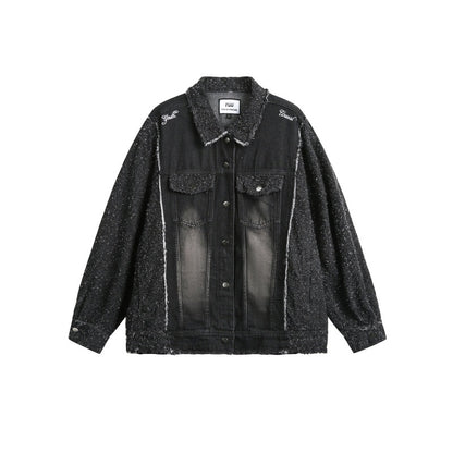 Unisex Oversized Denim Jacket with Mélange Boucle Sleeve and Frayed Edge EVA-US