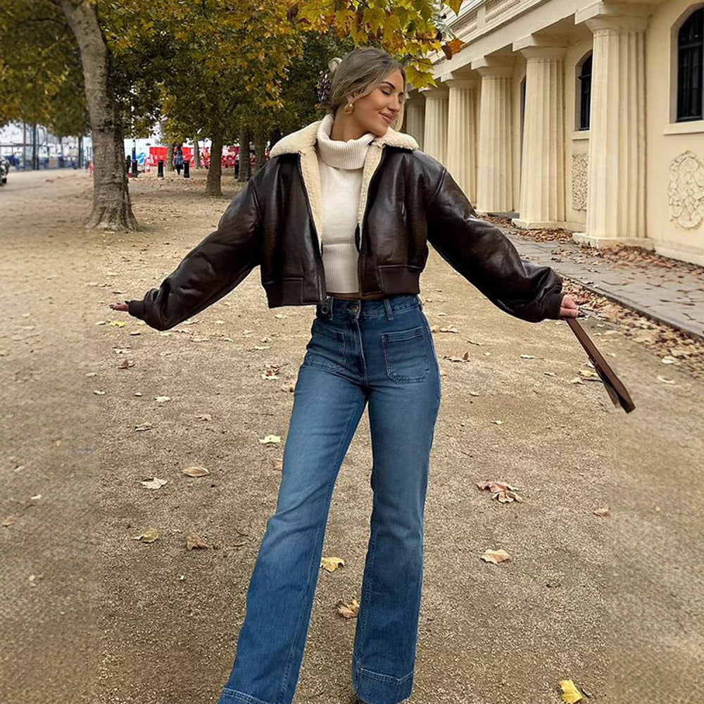 Ladies short cut pilot jacket with teddy lining and oversized sleeves EVA-US