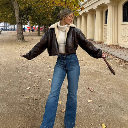 Ladies short cut pilot jacket with teddy lining and oversized sleeves EVA-US