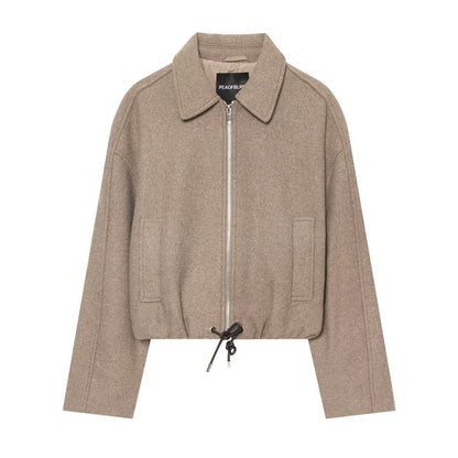 Women's short wool blend jacket with front zipper and drawstring hem EVA-US
