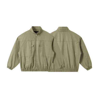 Unisex Short Canvas Field Jacket in Utility Look with High Stand Collar and Elastic Hem EVA-US