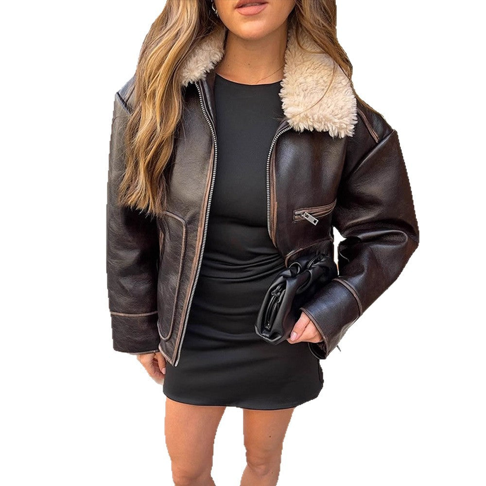 Women Short Cut Leather Imitation Bomber Jacket with Voluminous Teddy Shawl Collar and Distinctive Decorative Seams EVA-US
