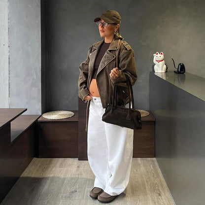 Women's Suede Leather Look Biker Jacket with Shoulder Flaps and Asymmetrical Zipper EVA-US