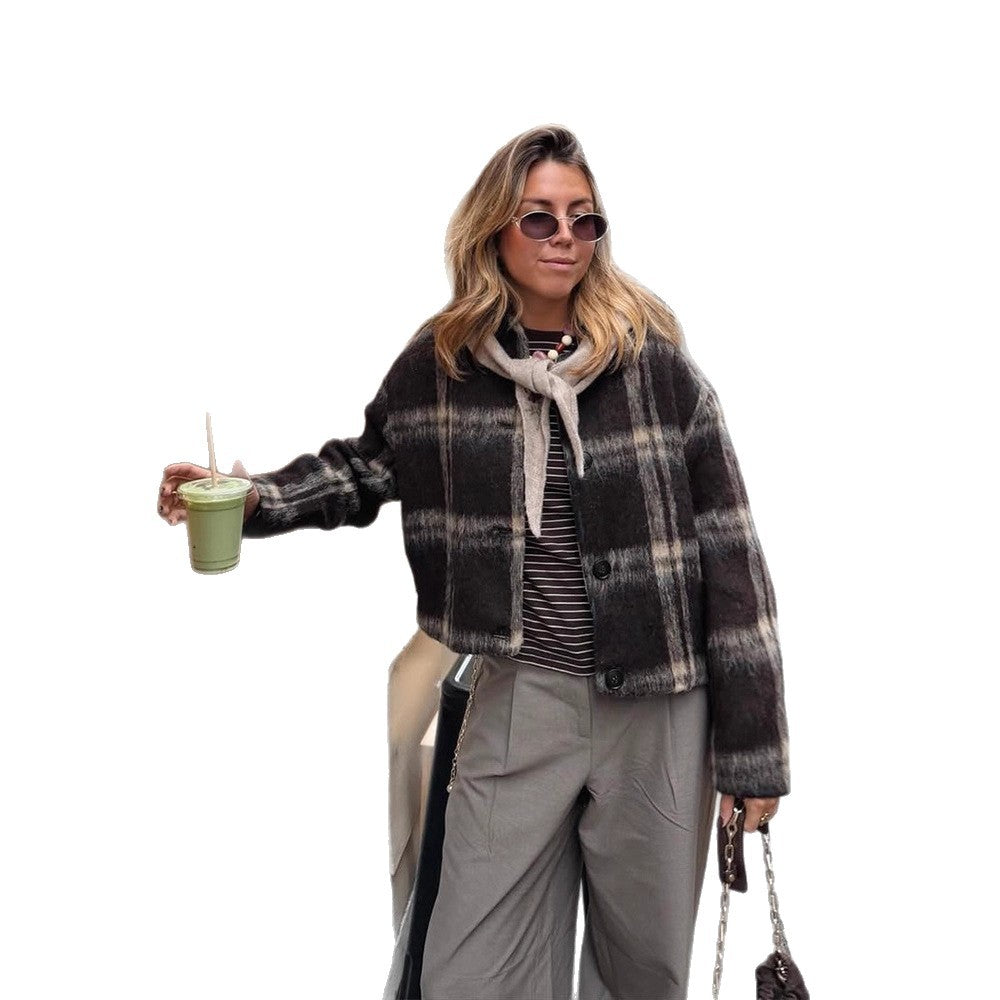Women's short checkered bouclé jacket with boxy silhouette and button placket EVA-US