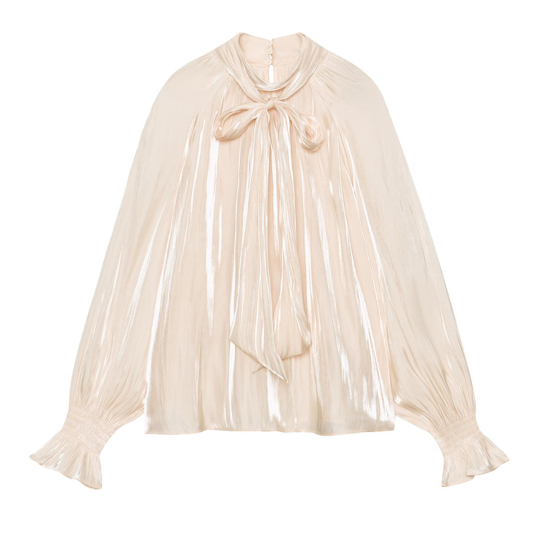 Women silk-like slip blouse with bow collar, pleated effect and ruched balloon sleeves EVA-US