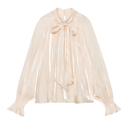 Women silk-like slip blouse with bow collar, pleated effect and ruched balloon sleeves EVA-US