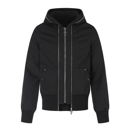 Women’s hooded sweatshirt jacket with high standing collar, contrasting decorative seams and full-length zip EVA-US