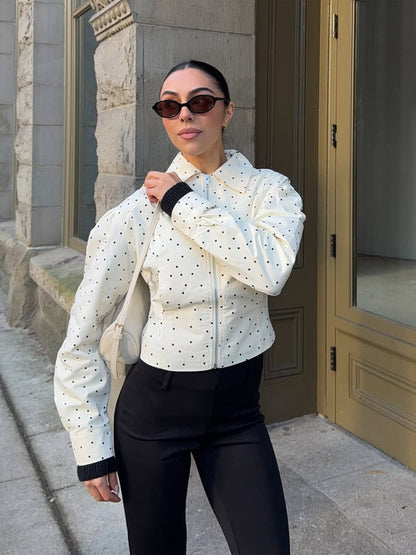 Women's tailored short jacket with polka-dot perforation, shirt collar, and concealed zipper EVA-US