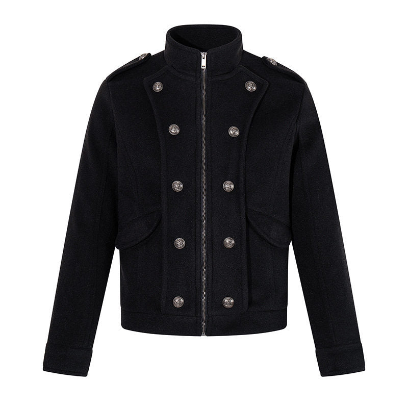 Men's short military-inspired wool jacket with stand-up collar & double-breasted decorative buttons EVA-US