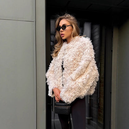 Women's Boxy Short Coat in Curl Teddy Look with Boxy Silhouette EVA-US