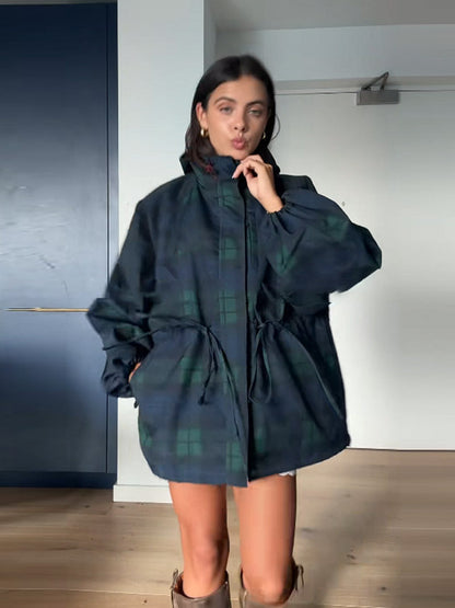 Women's Oversized Jacket in a Casual Check Design with Practical Pockets and Waist Drawstring EVA-US