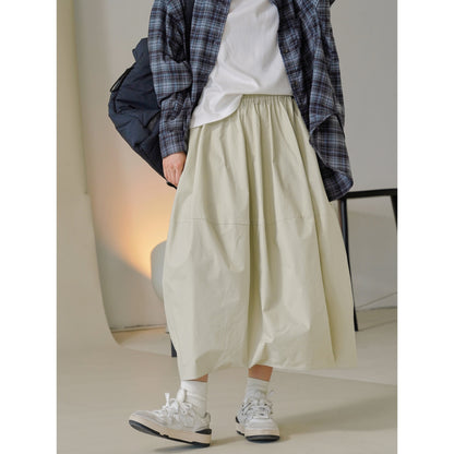 Women's Wide Flared High-Waist Midi Skirt made of Cotton Twill with Elastic Waistband EVA-US
