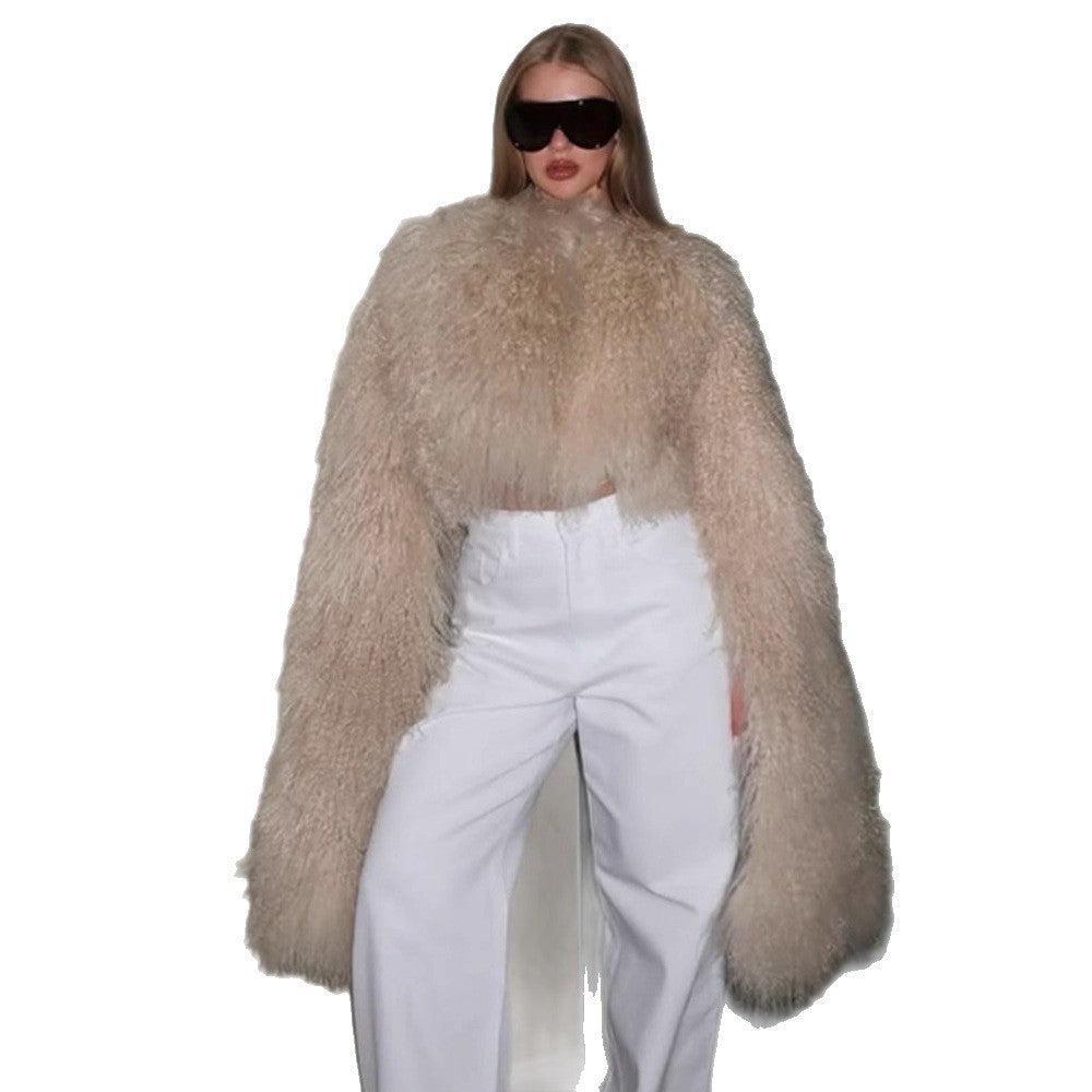 Women Extravagant Oversize Faux Fur Coat with Long Pile Curl Structure EVA-US