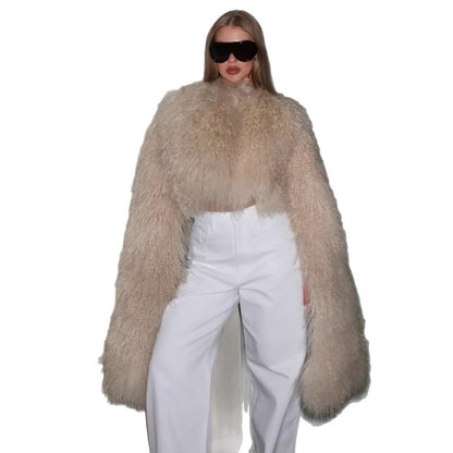 Women Extravagant Oversize Faux Fur Coat with Long Pile Curl Structure EVA-US