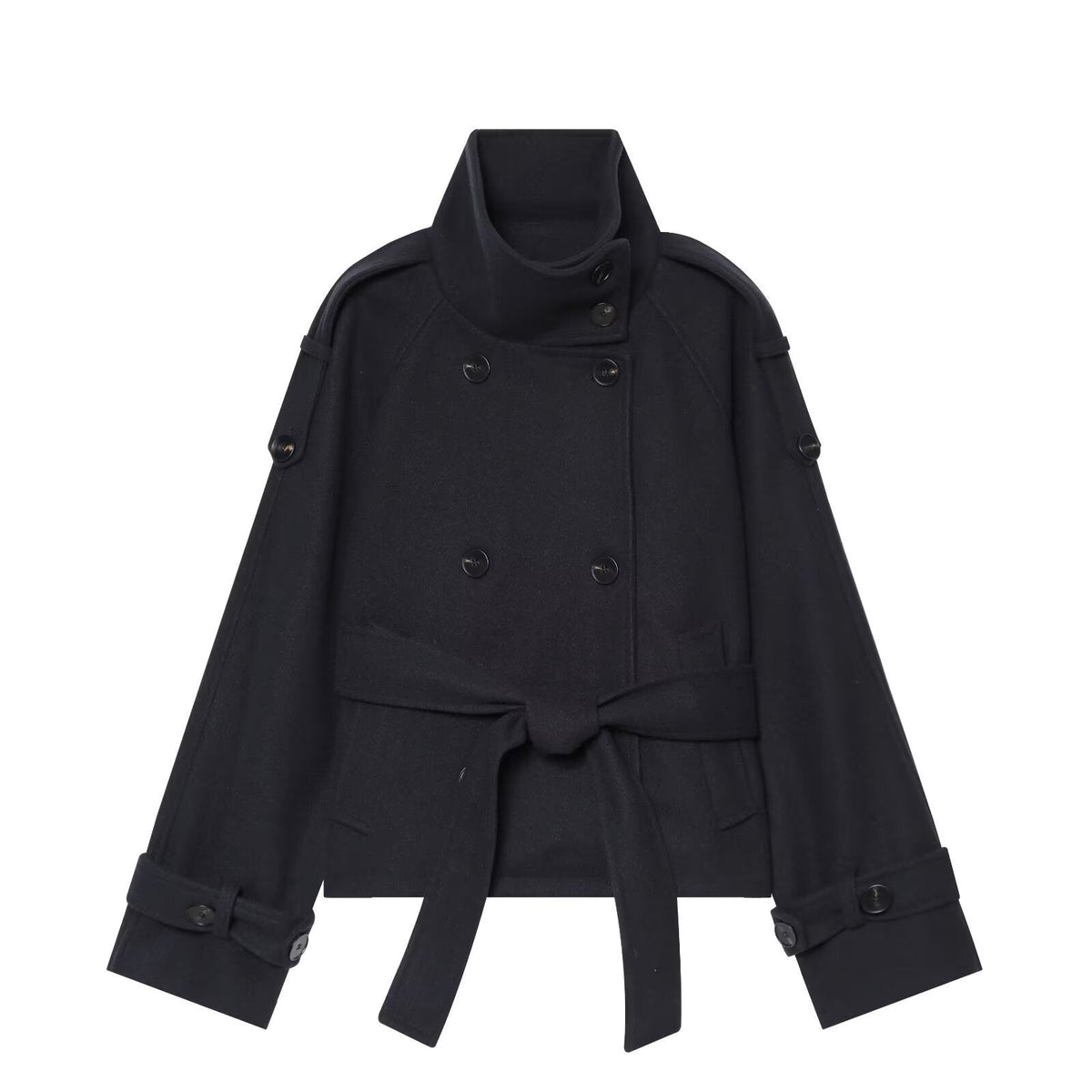 Women short double-breasted cape coat made of wool with stand-up collar shoulder epaulettes and tie belt EVA-US
