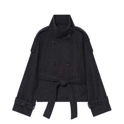 Women short double-breasted cape coat made of wool with stand-up collar shoulder epaulettes and tie belt EVA-US
