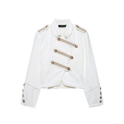 Ladies short jacket in military style with asymmetrical decorative strip, shoulder epaulettes and gold buttons EVA-US