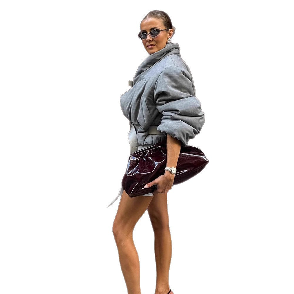 Women quilted oversized blazer with high shawl collar and waist belt EVA-US