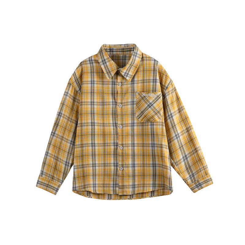 Women's Loose Checkered Shirt Blouse in Boxy Relaxed Cut with Patch Breast Pocket and Fine Embroidery EVA-US