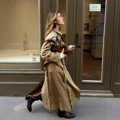 Women's maxi long trench coat with flounce shoulder cape and adjustable cuffs EVA-US