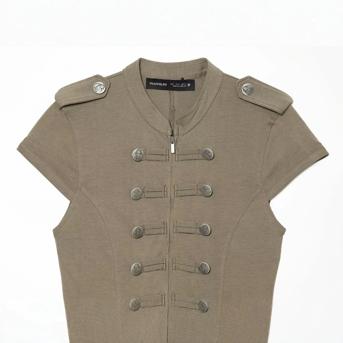 Women’s short-sleeved military-inspired vest with decorative straps and metal buttons EVA-US
