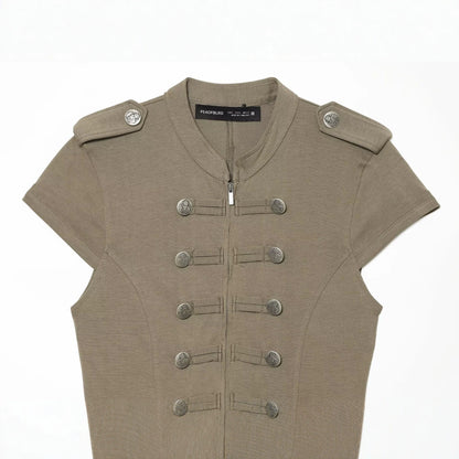 Women’s short-sleeved military-inspired vest with decorative straps and metal buttons EVA-US