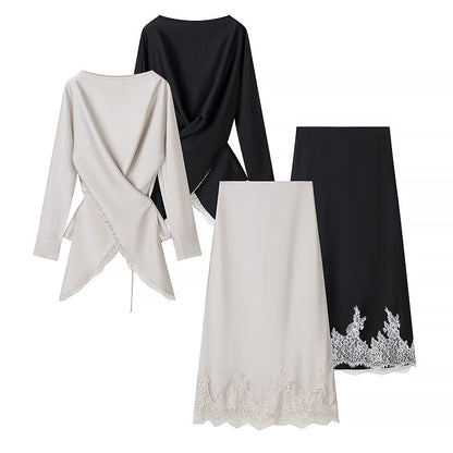 Women's Two-Piece Satin Set with Wrap Blouse and Midi Skirt with Lace Trim EVA-US